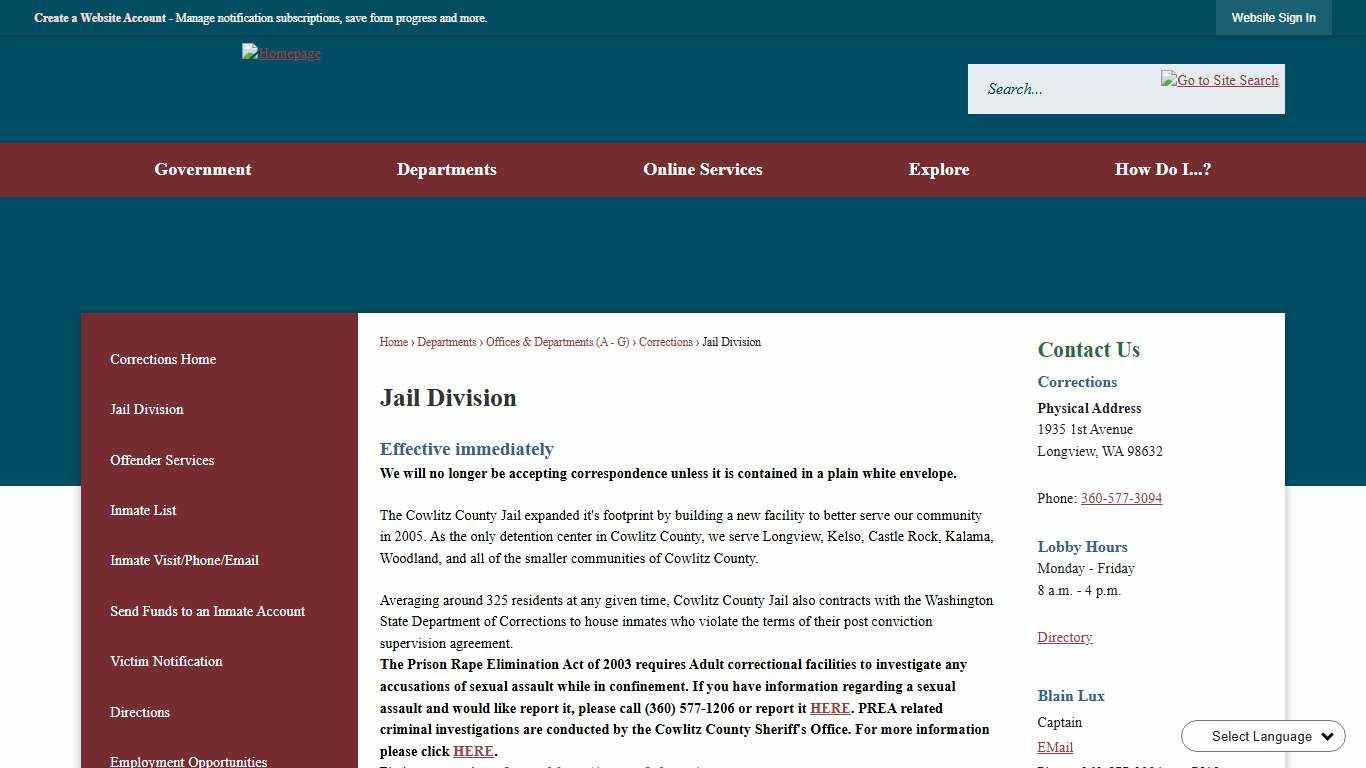 Jail Division | Cowlitz County, WA - Official Website